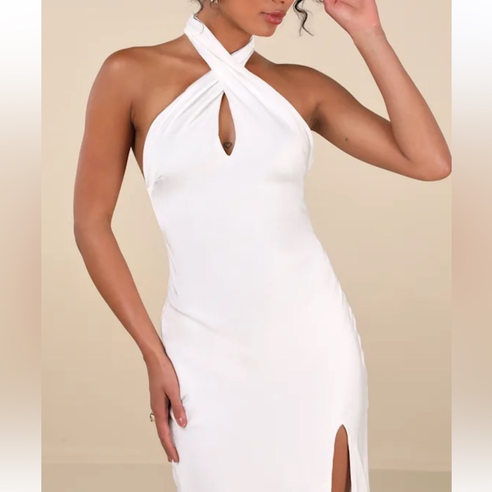 Lulus White Satin Halter Dress, Medium - Picture 3 of 5